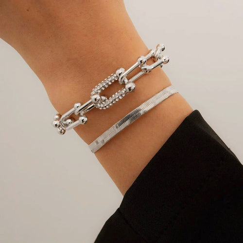 2pc Silver Statement Chain Bracelet Set with Zircon Accents - Minimalist Herringbone Design 0