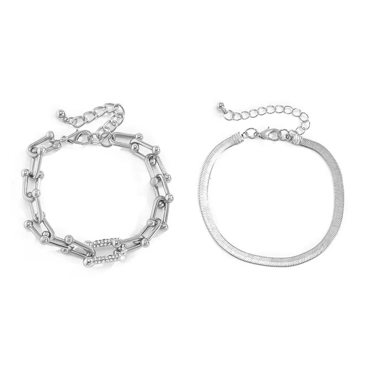 2pc Silver Statement Chain Bracelet Set with Zircon Accents - Minimalist Herringbone Design 3