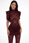 Amelia - Women's High Neck Sleeveless Lace Trim Bodycon Mini Dress 0