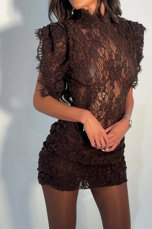 Amelia - Women's High Neck Sleeveless Lace Trim Bodycon Mini Dress 6