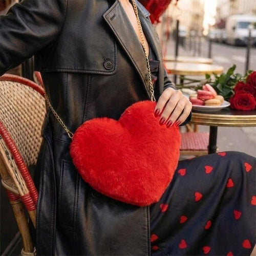 Amour Red Heart Faux Fur Crossbody Bag with Gold Chain for Women 0