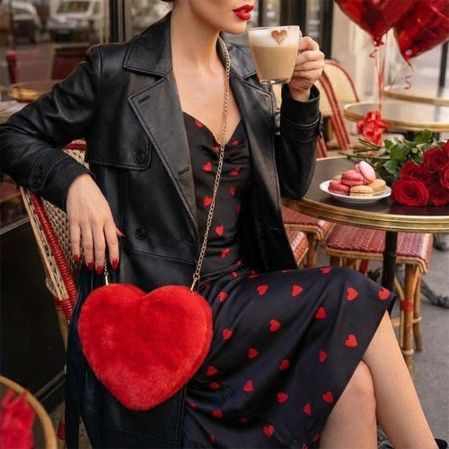 Amour Red Heart Faux Fur Crossbody Bag with Gold Chain for Women 1