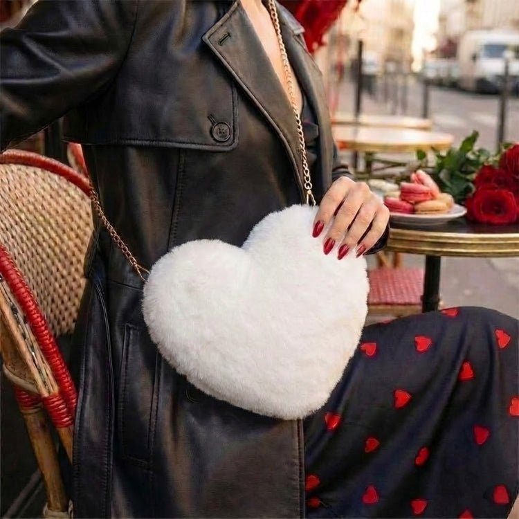 Amour Red Heart Faux Fur Crossbody Bag with Gold Chain for Women 12