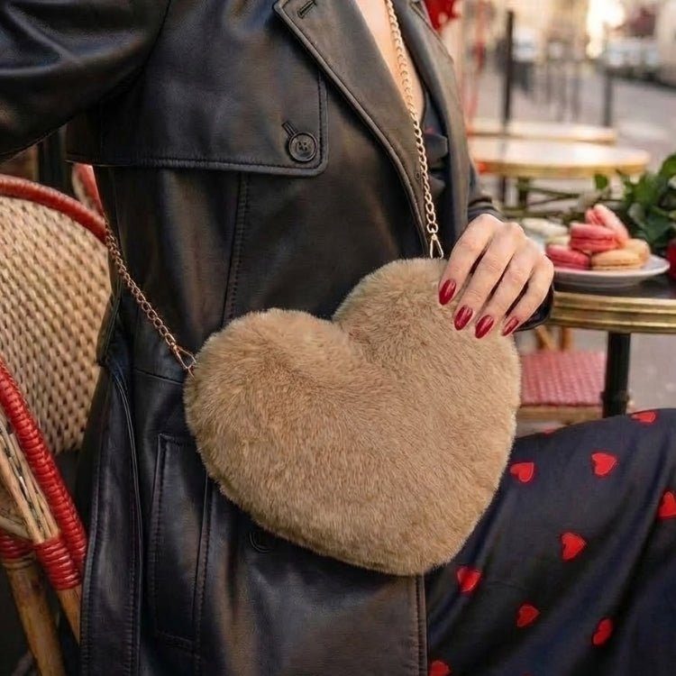 Amour Red Heart Faux Fur Crossbody Bag with Gold Chain for Women 13