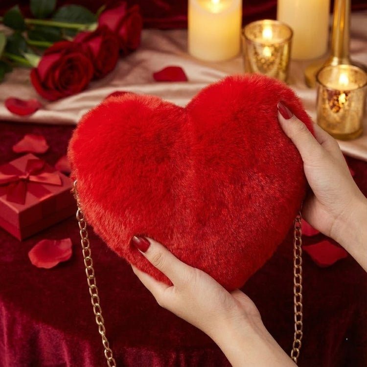 Amour Red Heart Faux Fur Crossbody Bag with Gold Chain for Women 2