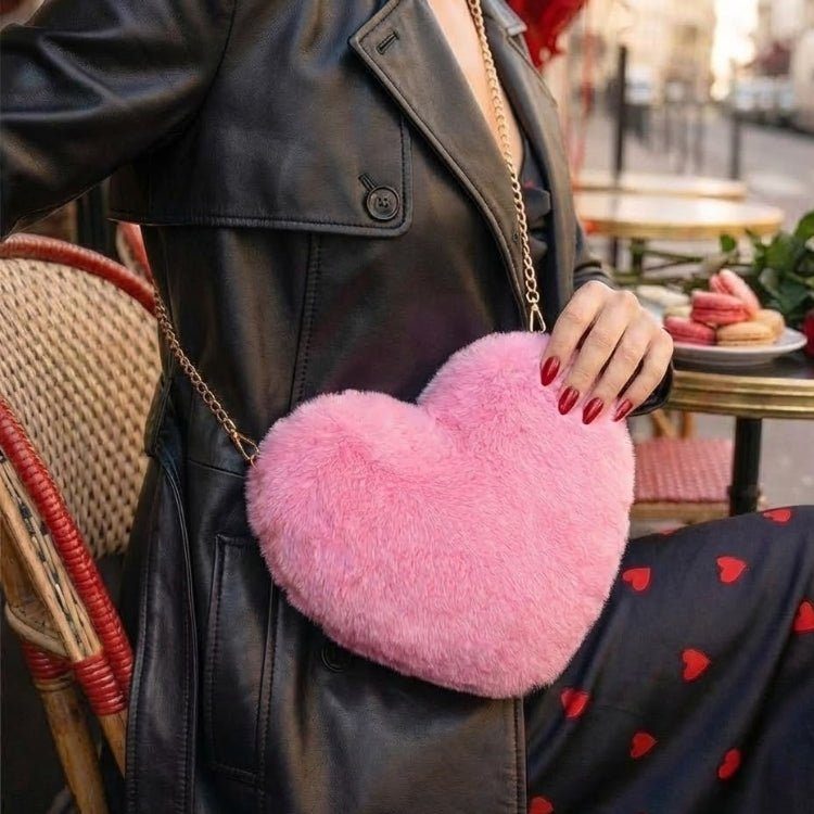 Amour Red Heart Faux Fur Crossbody Bag with Gold Chain for Women 3