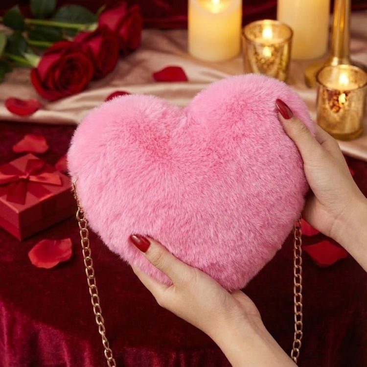 Amour Red Heart Faux Fur Crossbody Bag with Gold Chain for Women 5