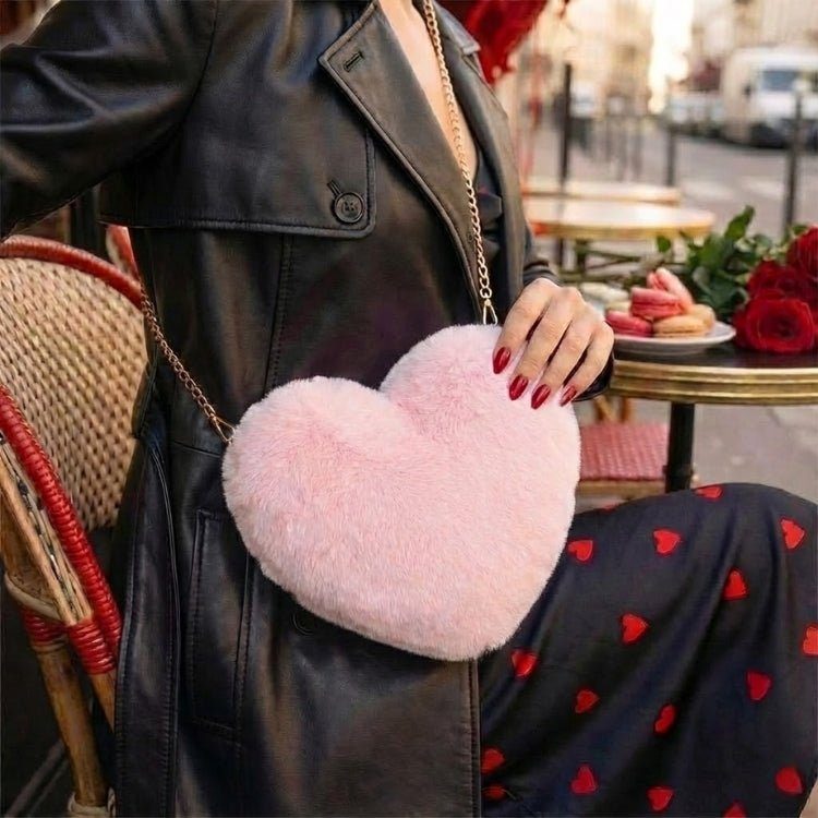 Amour Red Heart Faux Fur Crossbody Bag with Gold Chain for Women 6