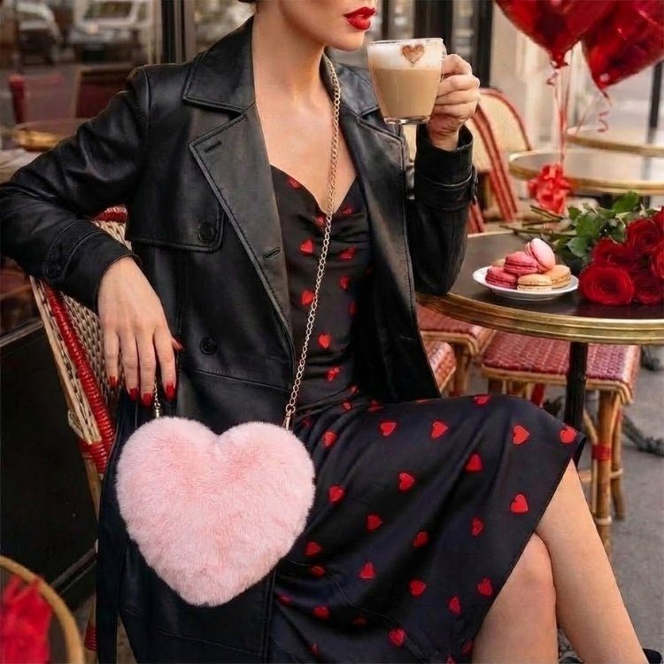 Amour Red Heart Faux Fur Crossbody Bag with Gold Chain for Women 7