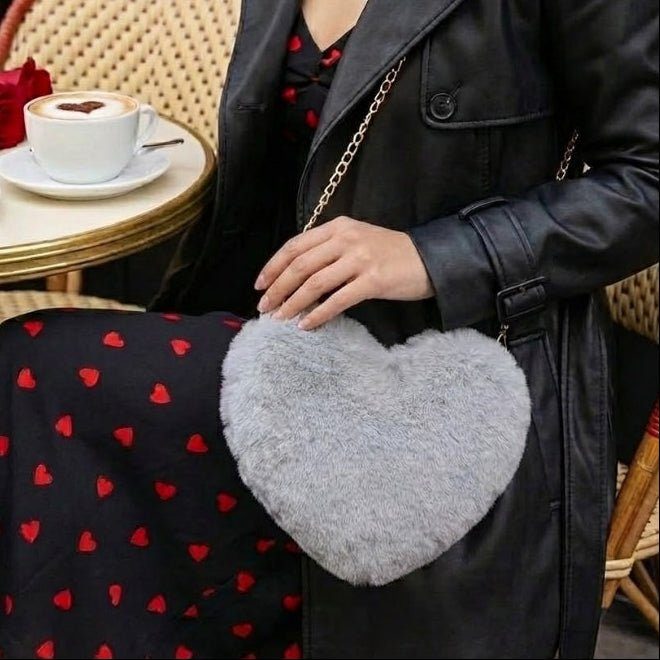 Amour Red Heart Faux Fur Crossbody Bag with Gold Chain for Women 9