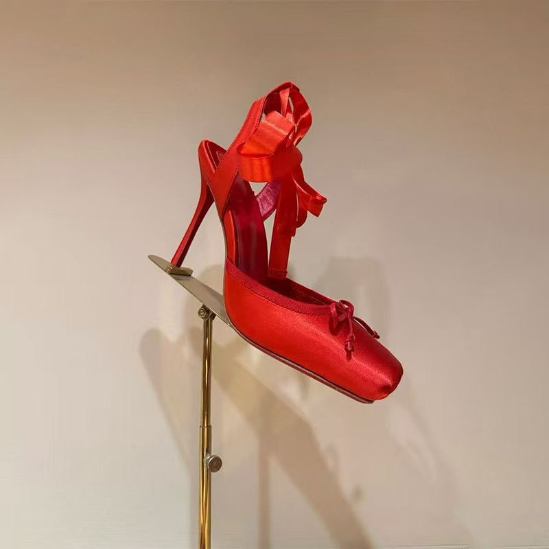 Aubrielle Satin Ballet Pumps with Stiletto Heel and Hand-Tied Bow 100