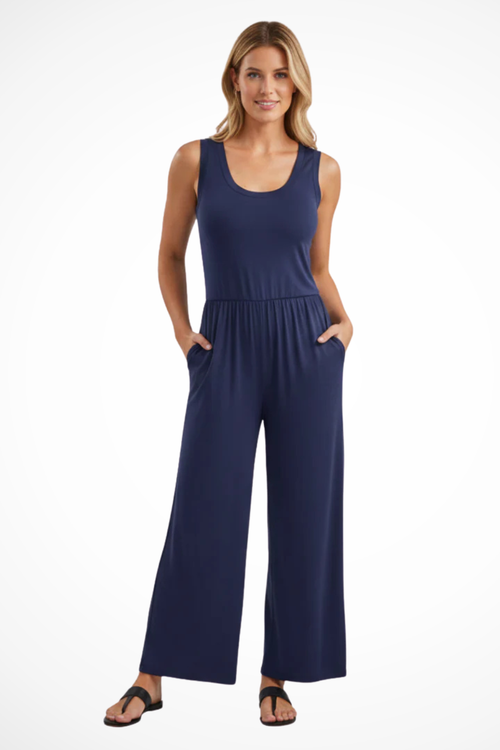 Blythe - Women's Sleeveless Wide Leg Jumpsuit with Pockets, Elastic Waist 0