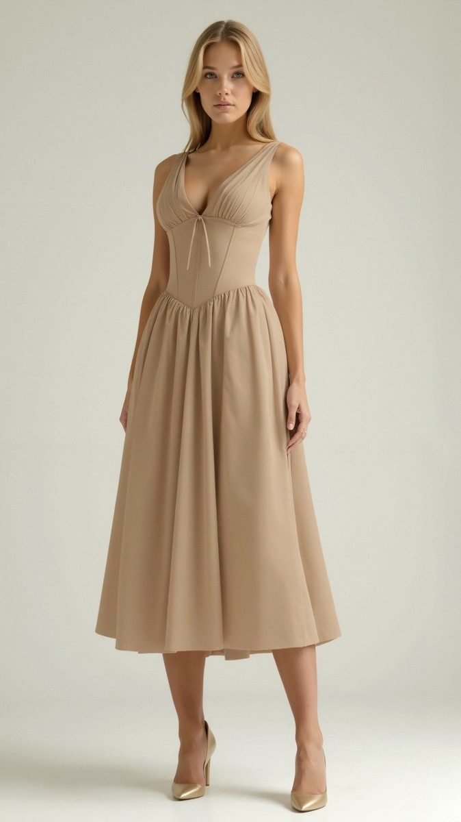 Cassiopeia - Elegant Midi Dress for Women with Plunge Neckline & Twisted Detail 10