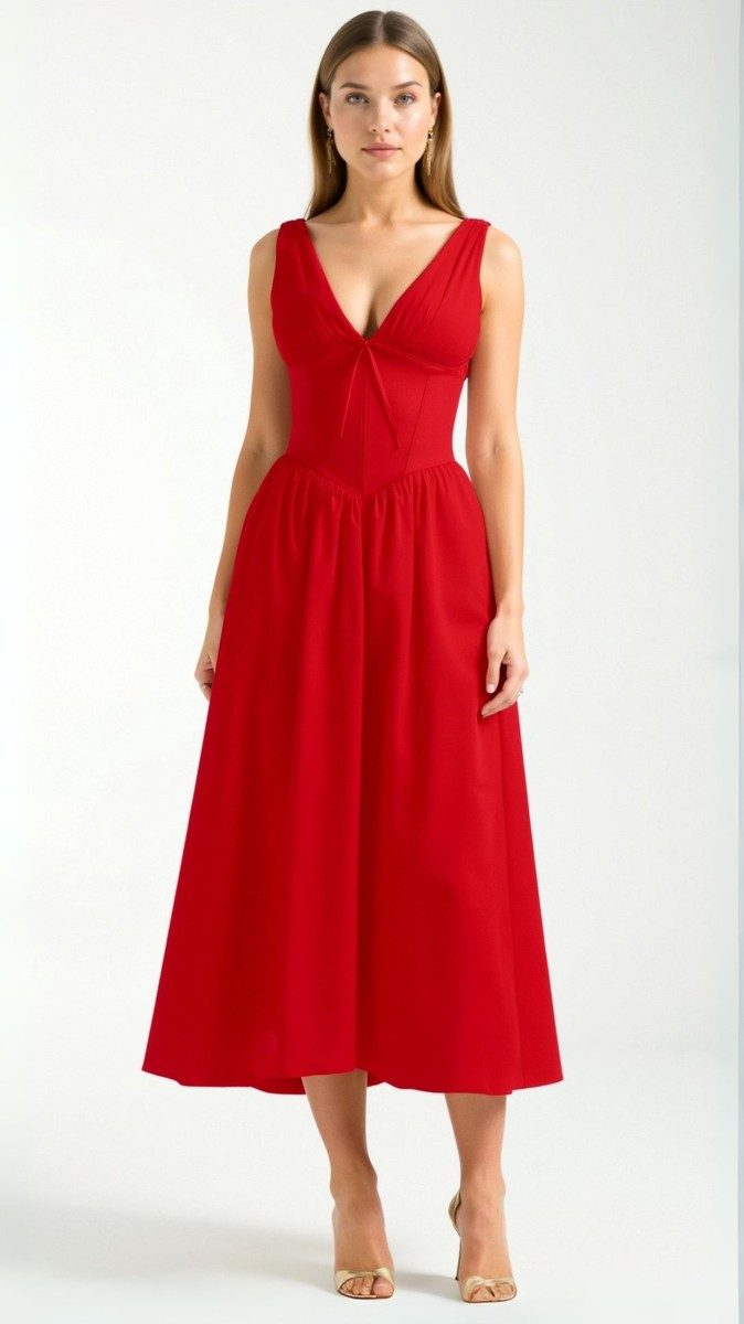 Cassiopeia - Elegant Midi Dress for Women with Plunge Neckline & Twisted Detail 11