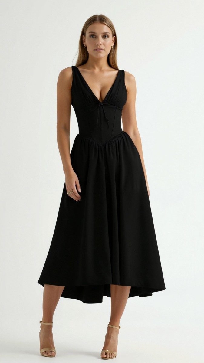 Cassiopeia - Elegant Midi Dress for Women with Plunge Neckline & Twisted Detail 3