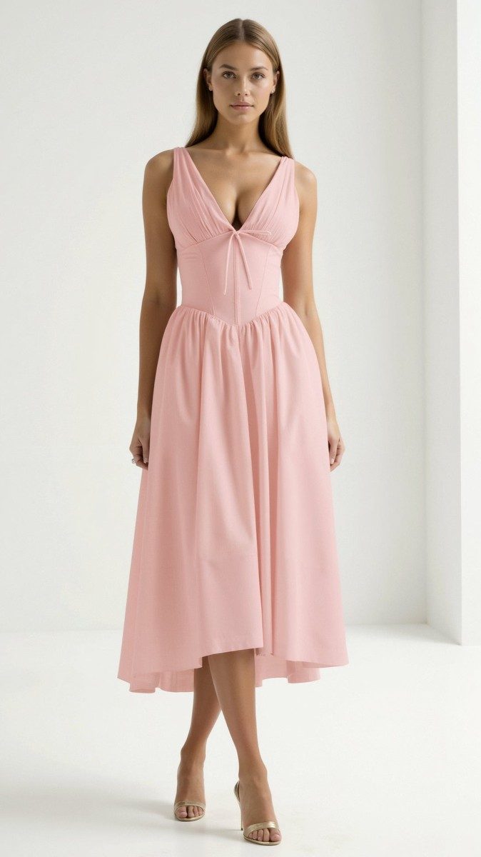 Cassiopeia - Elegant Midi Dress for Women with Plunge Neckline & Twisted Detail 9