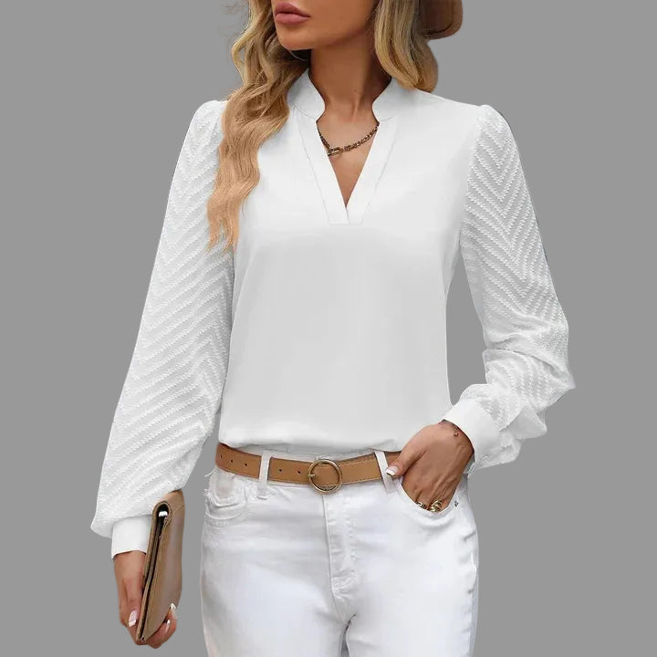 Chic Blouse - Sheer Chevron Patterned Sleeves & V-Neck for Effortless Style 1