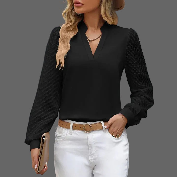 Chic Blouse - Sheer Chevron Patterned Sleeves & V-Neck for Effortless Style 2
