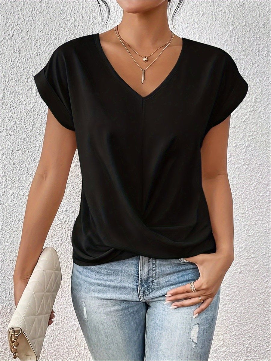 Chic Relaxed Women's Top - Twist Front Detail & V-Neck for Going Out 1