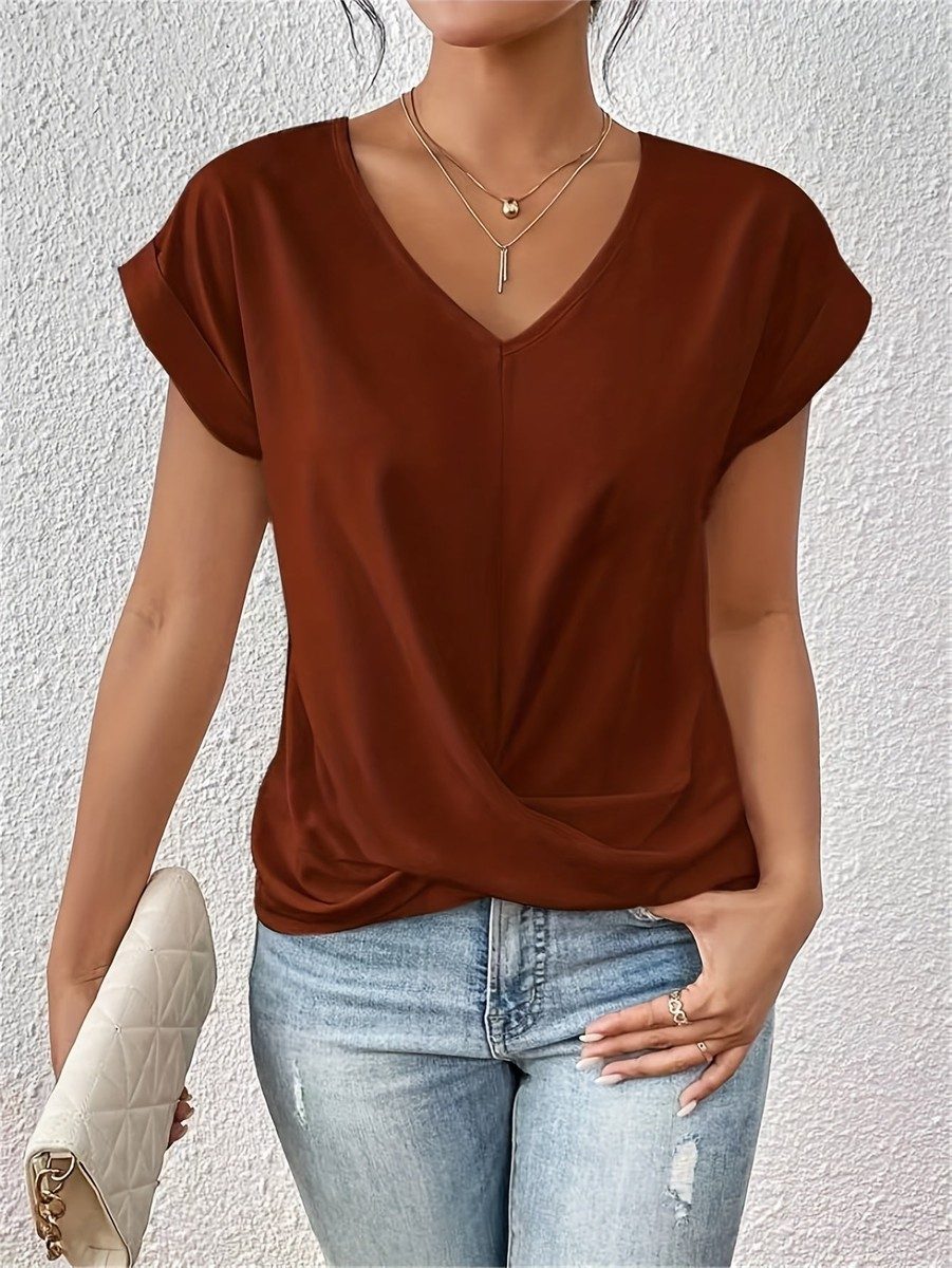 Chic Relaxed Women's Top - Twist Front Detail & V-Neck for Going Out 2