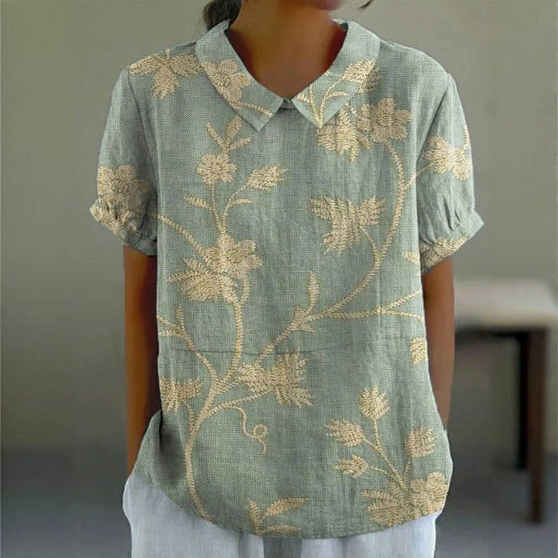 Chic Vintage Floral Print Womens Blouse - Short Sleeves & Turn-Up Collar Summer Top 0