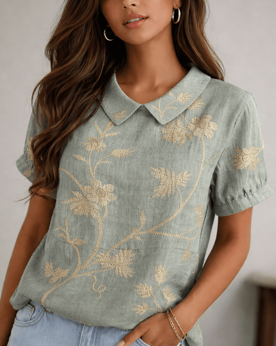 Chic Vintage Floral Print Womens Blouse - Short Sleeves & Turn-Up Collar Summer Top 1