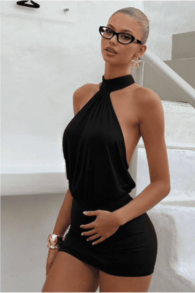 Chic Women's Backless Mini Dress - Halter Neck with Ruched Detail for Summer & Cocktail Events 1