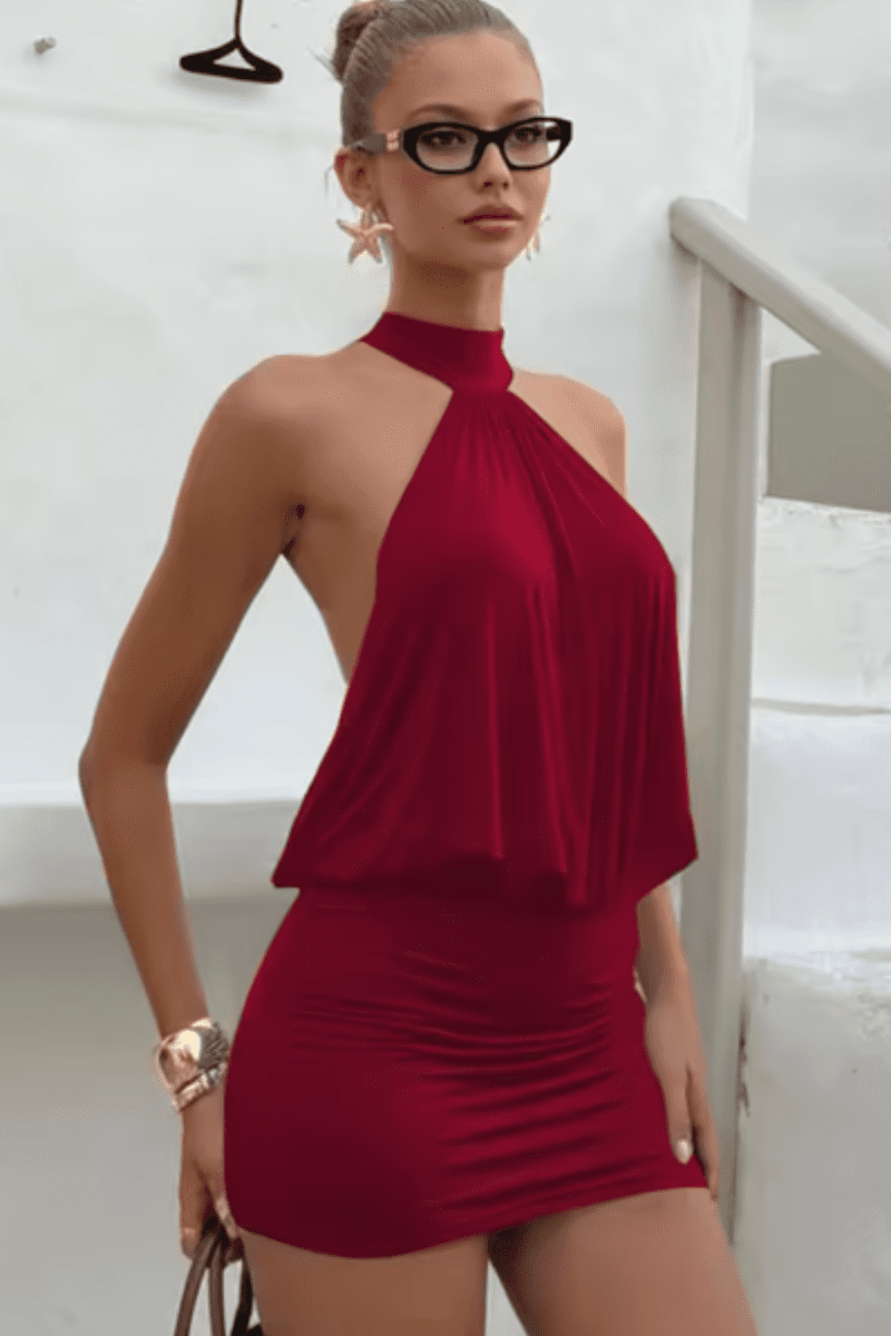 Chic Women's Backless Mini Dress - Halter Neck with Ruched Detail for Summer & Cocktail Events 7