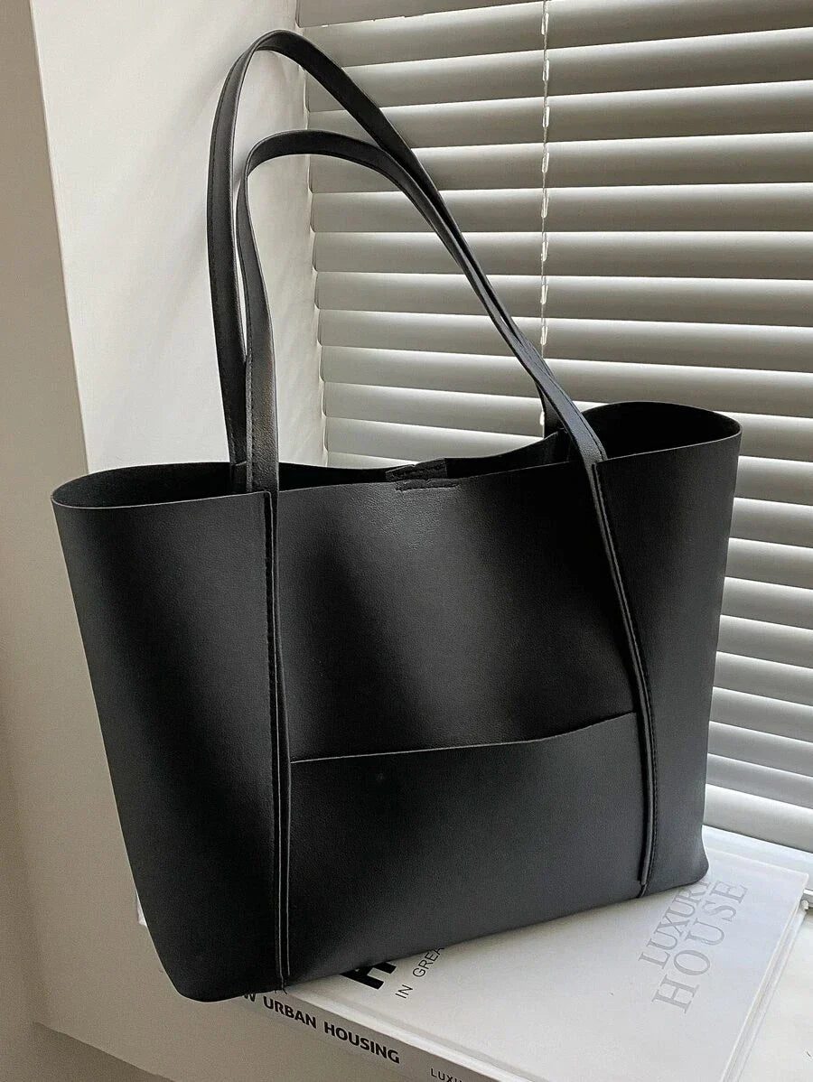 Chic Women's Black Leather Tote Bag - Spacious Design with Wide Strap 0