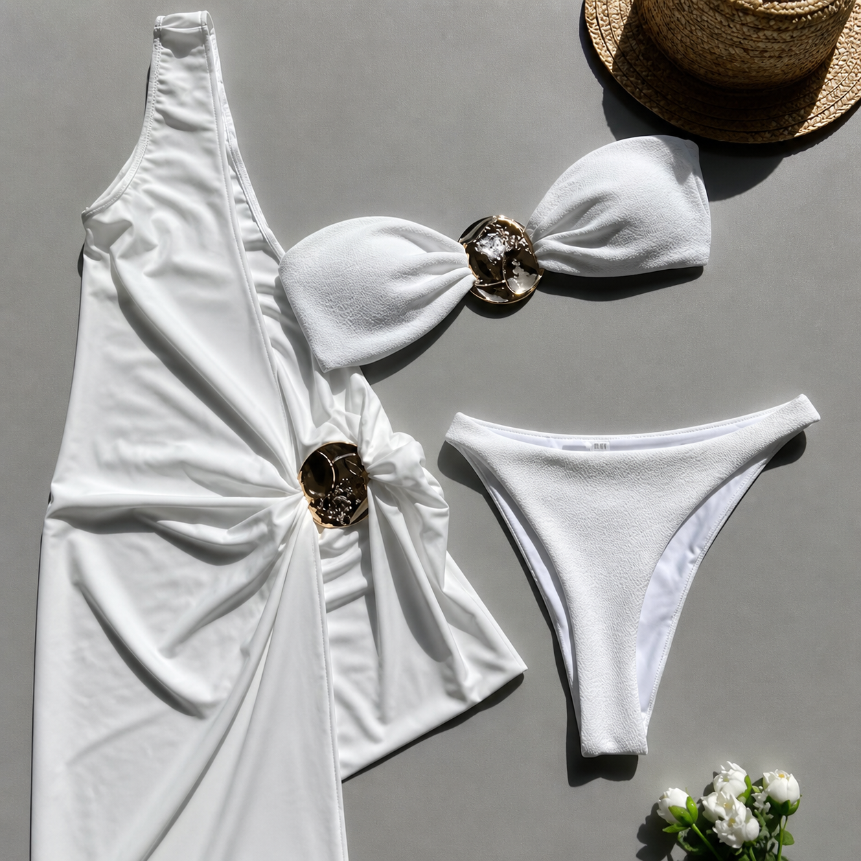 Elegant 3-Piece Bikini Set for Women with Draped Maxi Cover-Up and Gold Accents 333