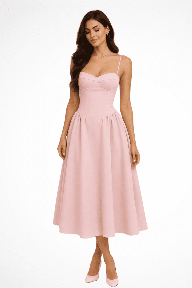 Elegant A-Line Midi Dress for Women - Corset Bodice Cocktail Dress 0