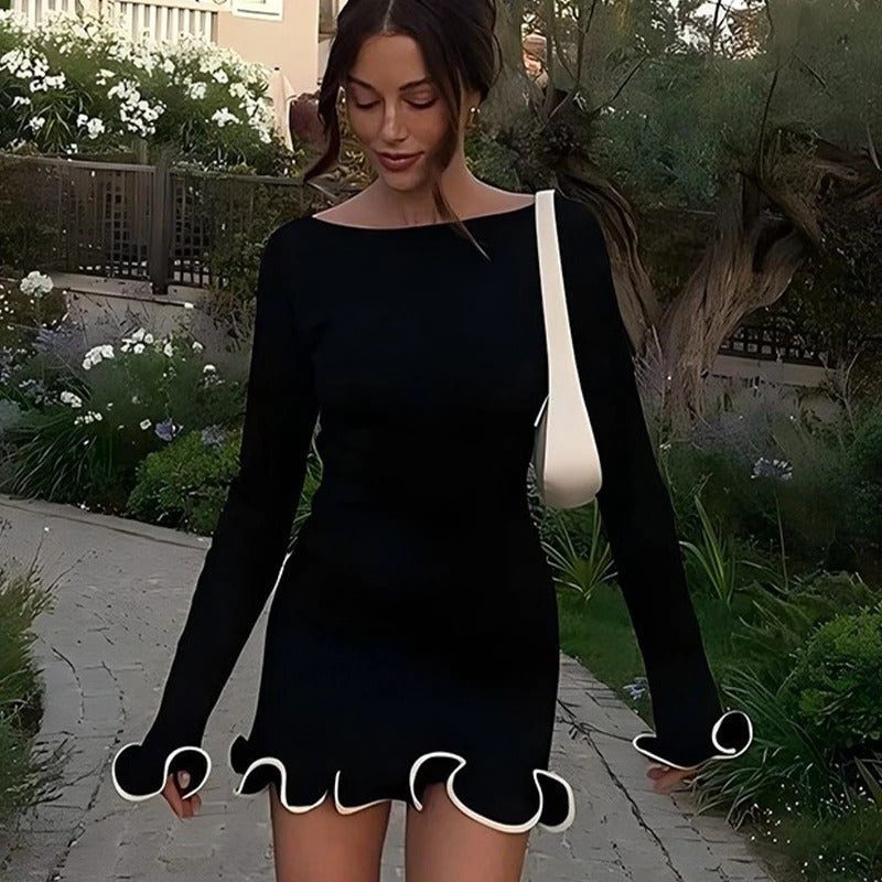 Elegant Black Mini Dress for Women - Chic Boat Neckline & Ruffled Hem 1