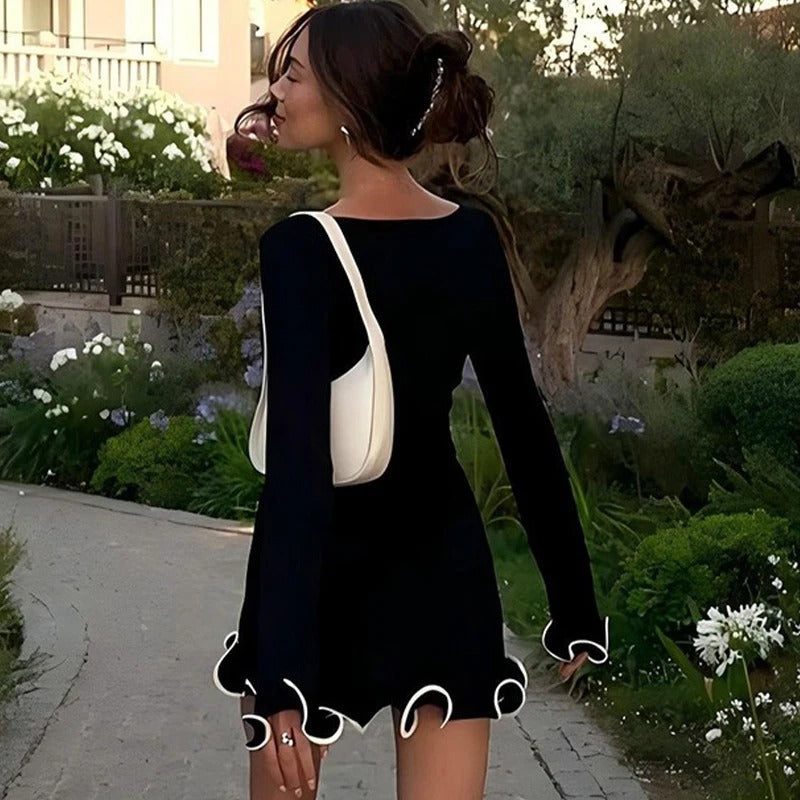 Elegant Black Mini Dress for Women - Chic Boat Neckline & Ruffled Hem 2