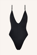 Elegant Black One Piece Swimsuit with Plunging Neckline and Adjustable Straps 0