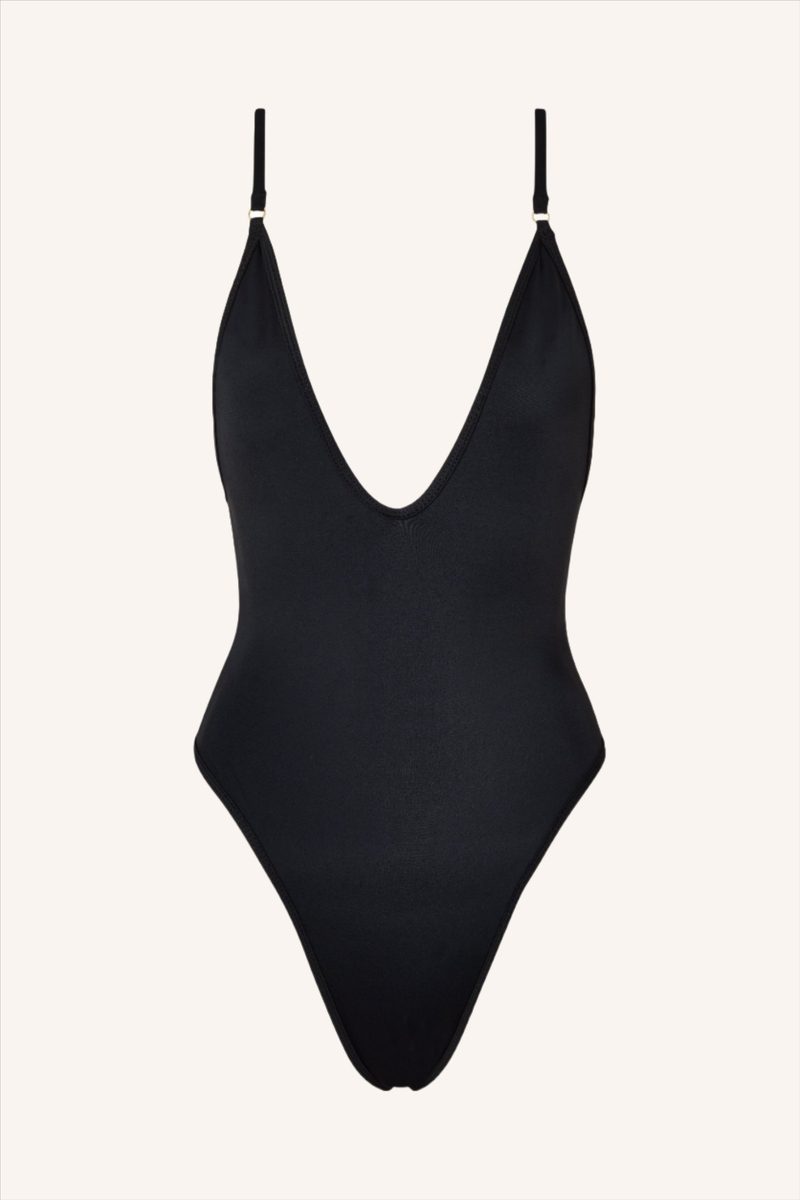 Elegant Black One Piece Swimsuit with Plunging Neckline and Adjustable Straps 0