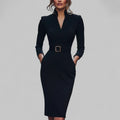 Elegant Black Sheath Midi Dress for Women with Belted Waist & Structured Collar 0
