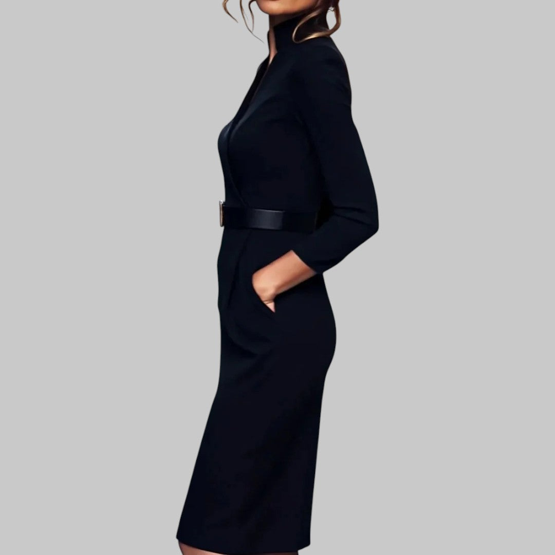 Elegant Black Sheath Midi Dress for Women with Belted Waist & Structured Collar 1