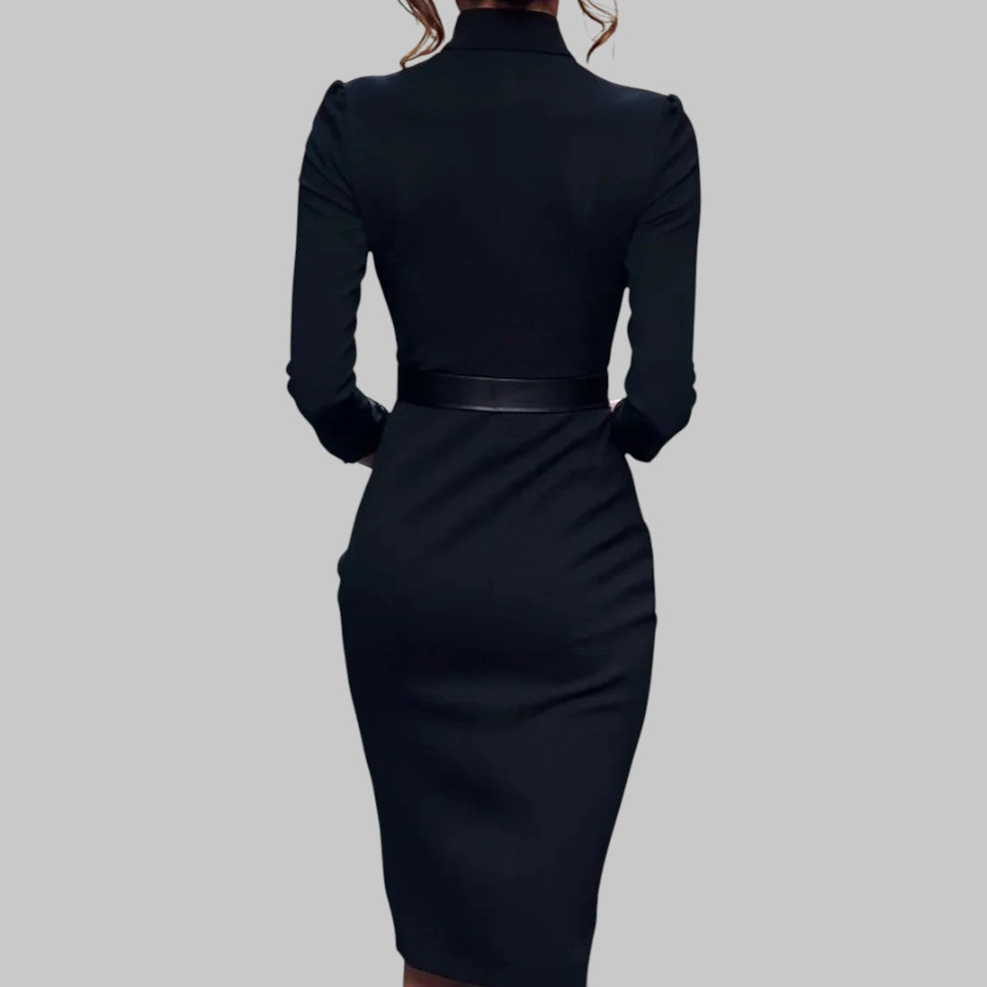 Elegant Black Sheath Midi Dress for Women with Belted Waist & Structured Collar 2