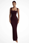Elegant Burgundy Bodycon Maxi Dress for Women - Square Neck Formal Wear 0