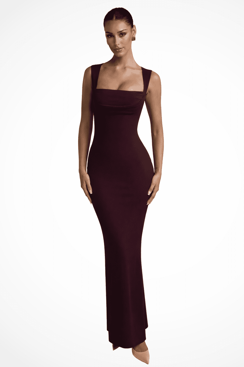 Elegant Burgundy Bodycon Maxi Dress for Women - Square Neck Formal Wear 0