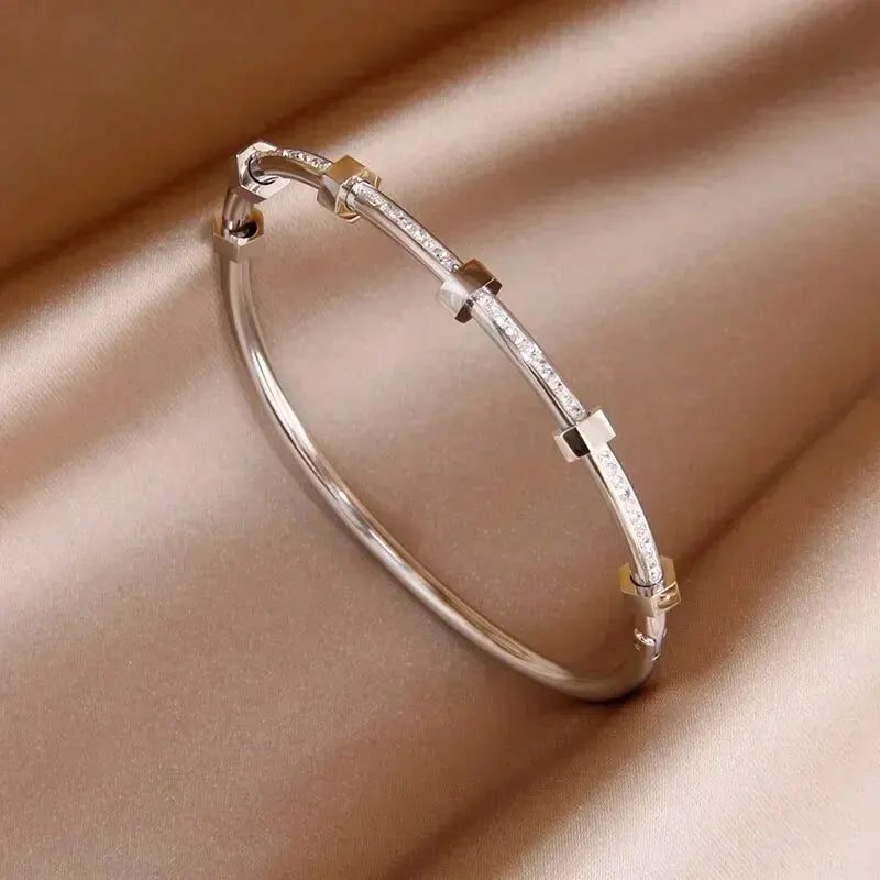 Elegant Diamond Bangle Bracelet with Hexnut Design in Gold & Silver 1