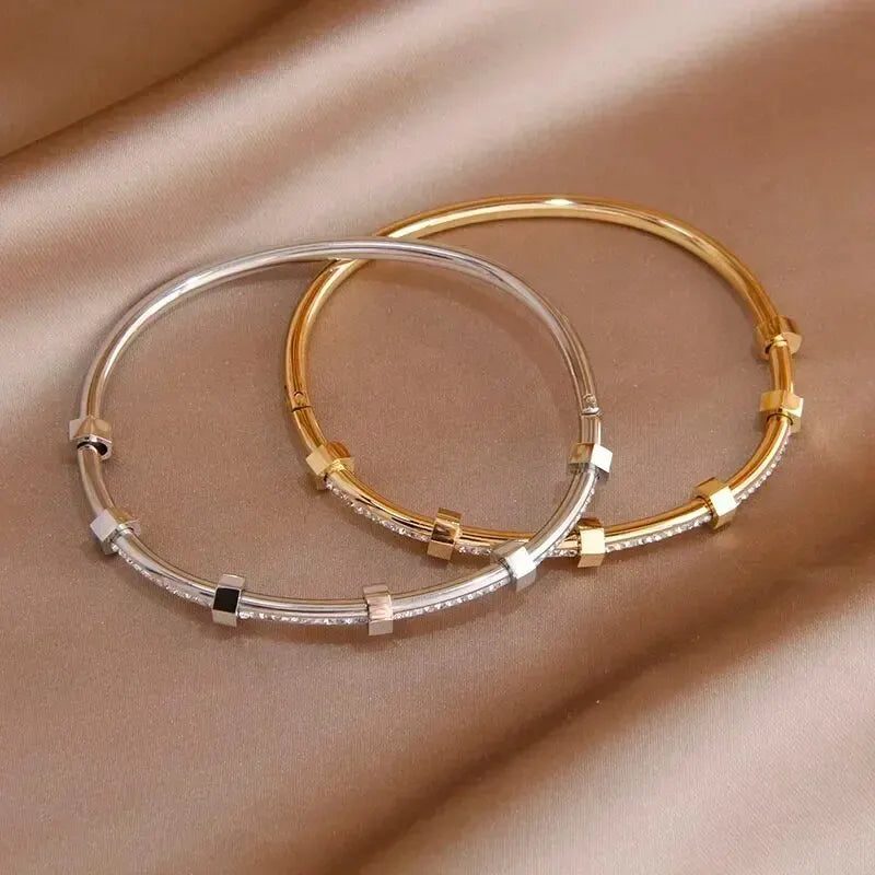 Elegant Diamond Bangle Bracelet with Hexnut Design in Gold & Silver 2