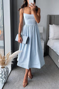 Elegant Flared Midi Dress for Women - Square Neck Spaghetti Straps Wedding Guest Dress 0