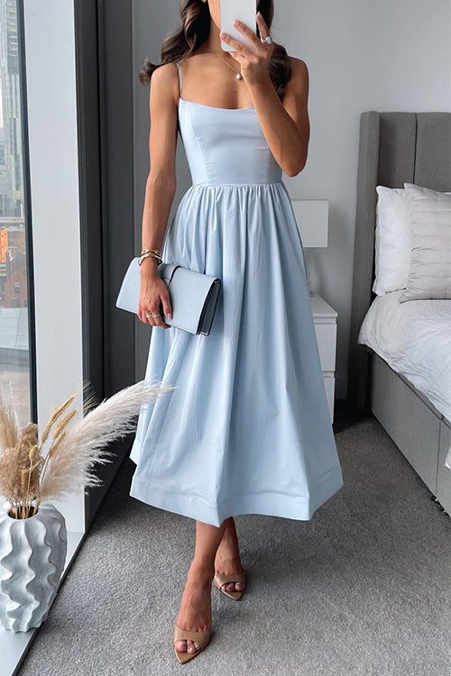 Elegant Flared Midi Dress for Women - Square Neck Spaghetti Straps Wedding Guest Dress 0