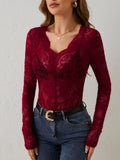 Elegant Floral Lace Womens Blouse - Slim Fit Long Sleeve V-Neck Top 0
