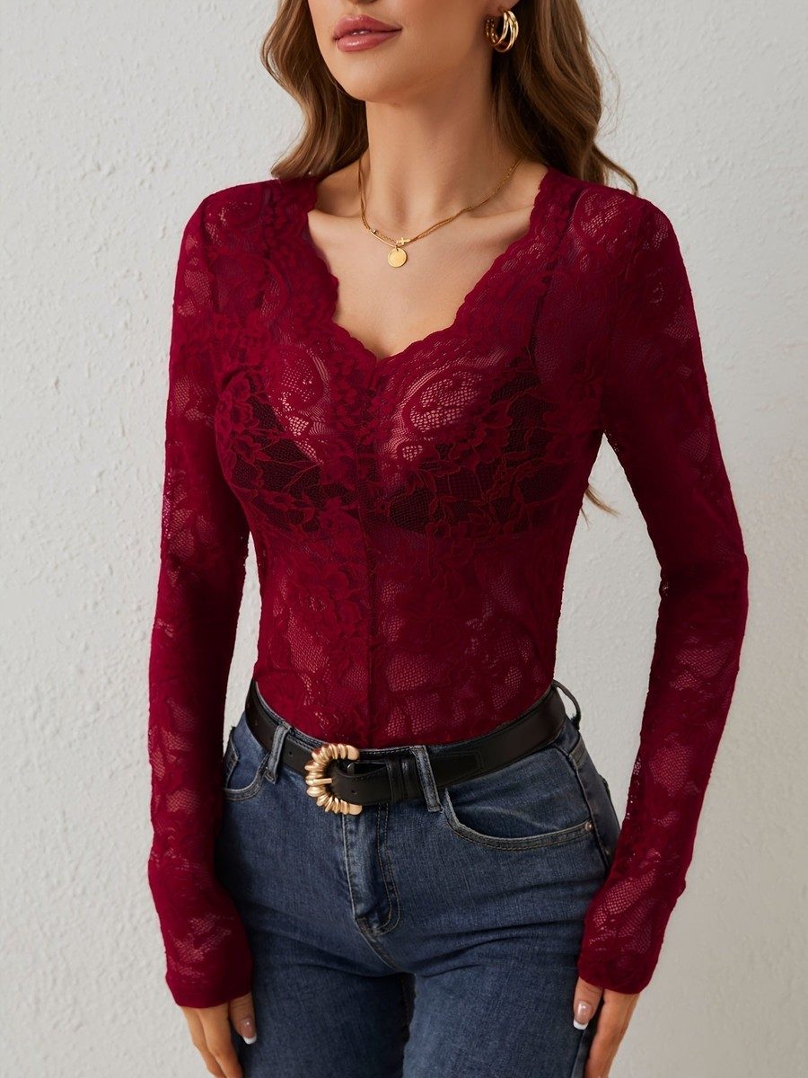 Elegant Floral Lace Womens Blouse - Slim Fit Long Sleeve V-Neck Top 0