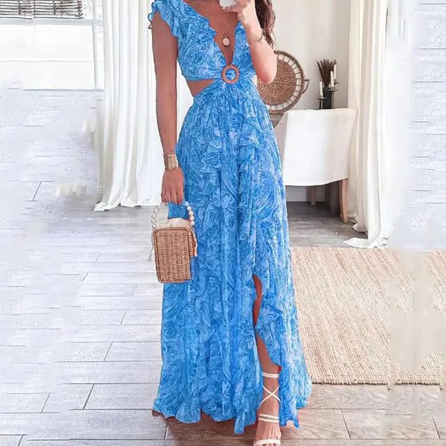 summer wedding maxi dress Elegant Floral Ruffle Maxi Dress for Women