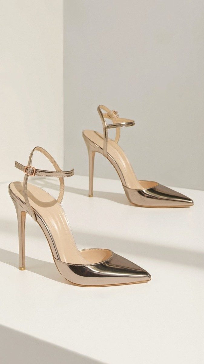 Elegant Gold Heels - Women's Pointed-Toe Stiletto with Ankle Strap, 10.5cm 2
