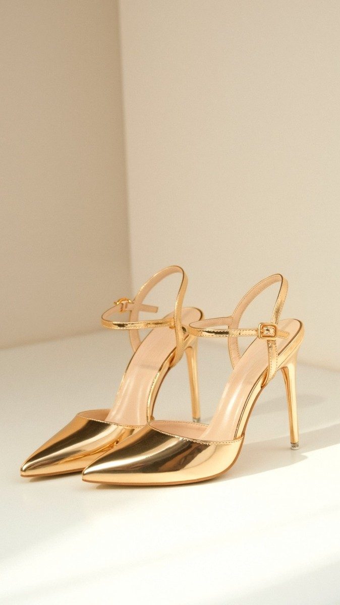 Elegant Gold Heels - Women's Pointed-Toe Stiletto with Ankle Strap, 10.5cm 5