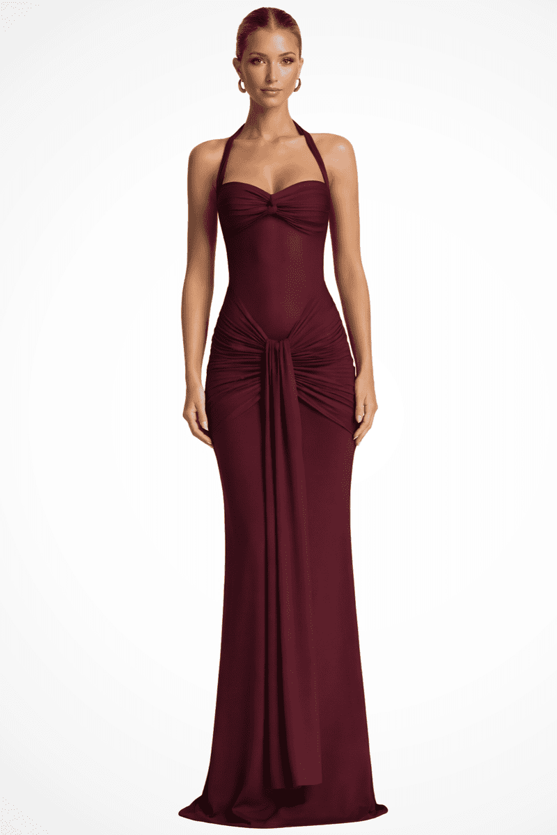 Elegant Halter Neck Ruched Maxi Dress for Women - Floor-Length Long Dress 0